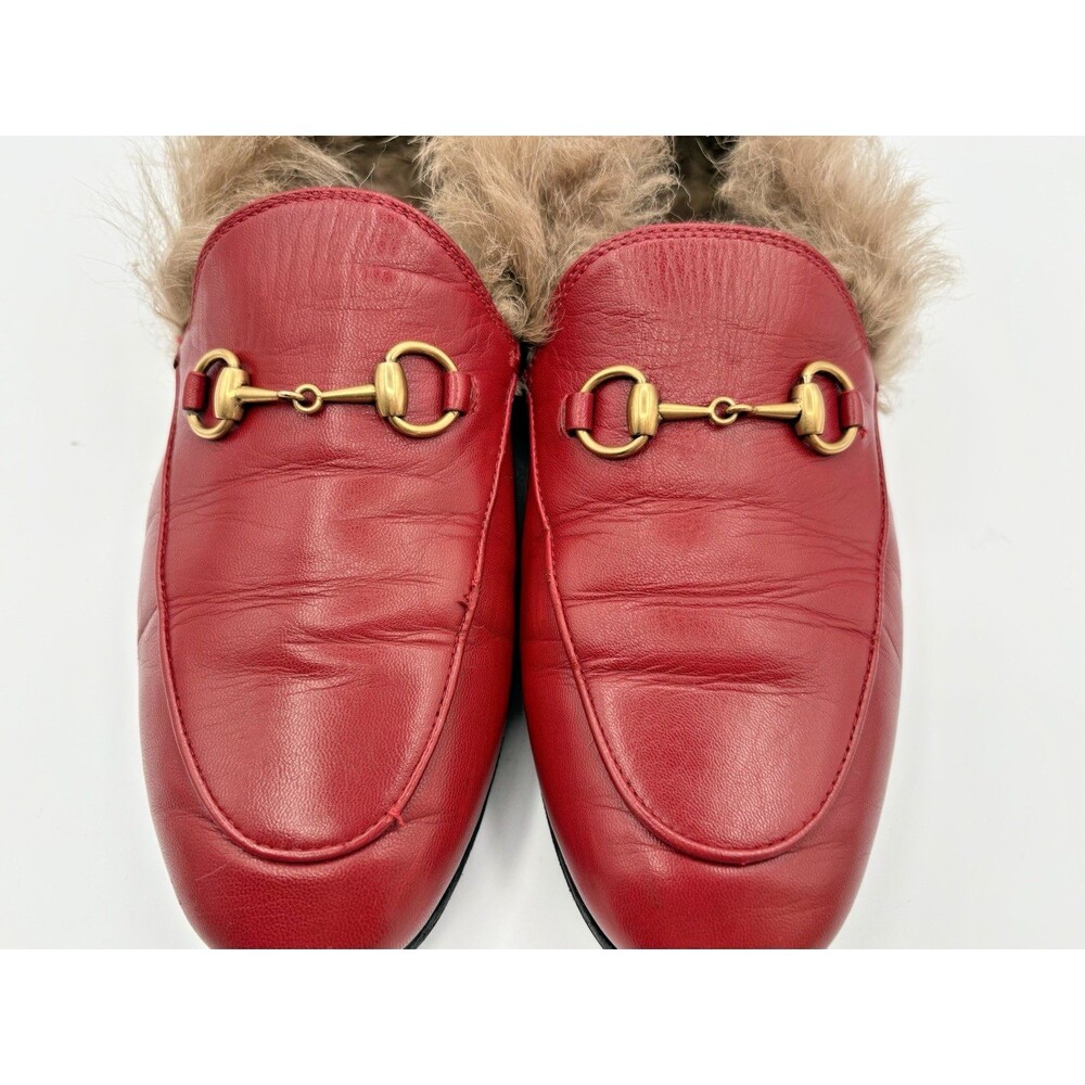Gucci Red Leather Jordaan Loafers w/ Fur Shearling Trim & Gold Horse-bit EU 37 - Picture 6 of 10
